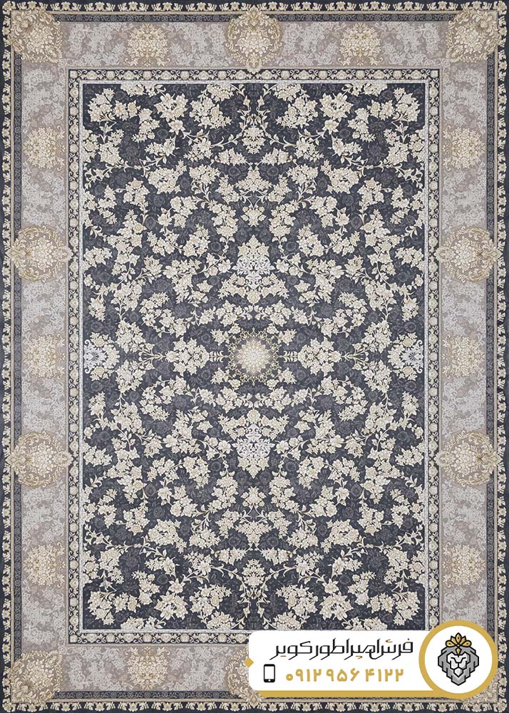 نمای کامل فرش گلزار طوسی حاشیه نقره ای کد 813